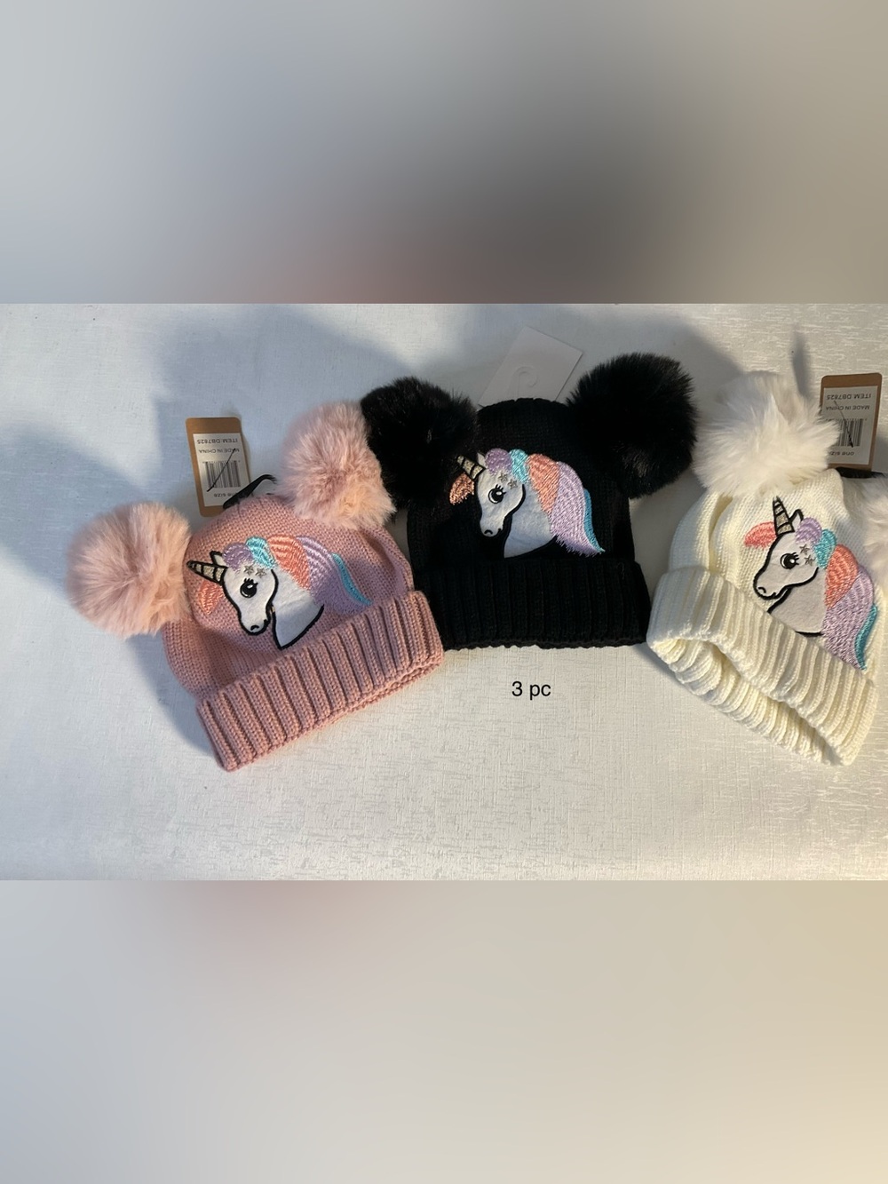 Kids Unicorn Pom Pom Beanie Hat - Pink and Black 3pc